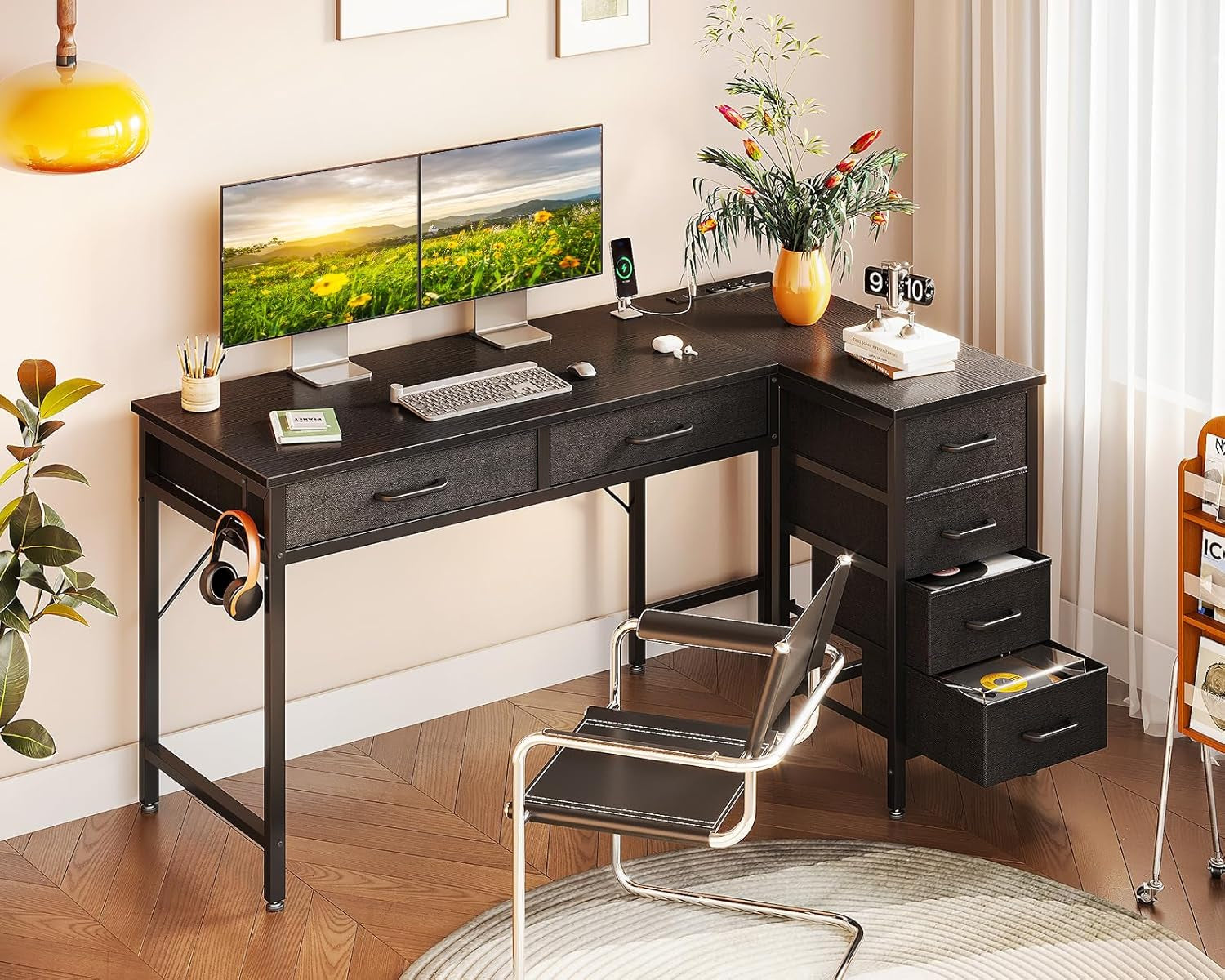 61 Inch L Shaped Desk with Drawers, Computer Desk with Power Outlets, Home Office Desk with 6 Drawers, Reversible Corner Desk for Small Space, Study Work Table with Hook, Black