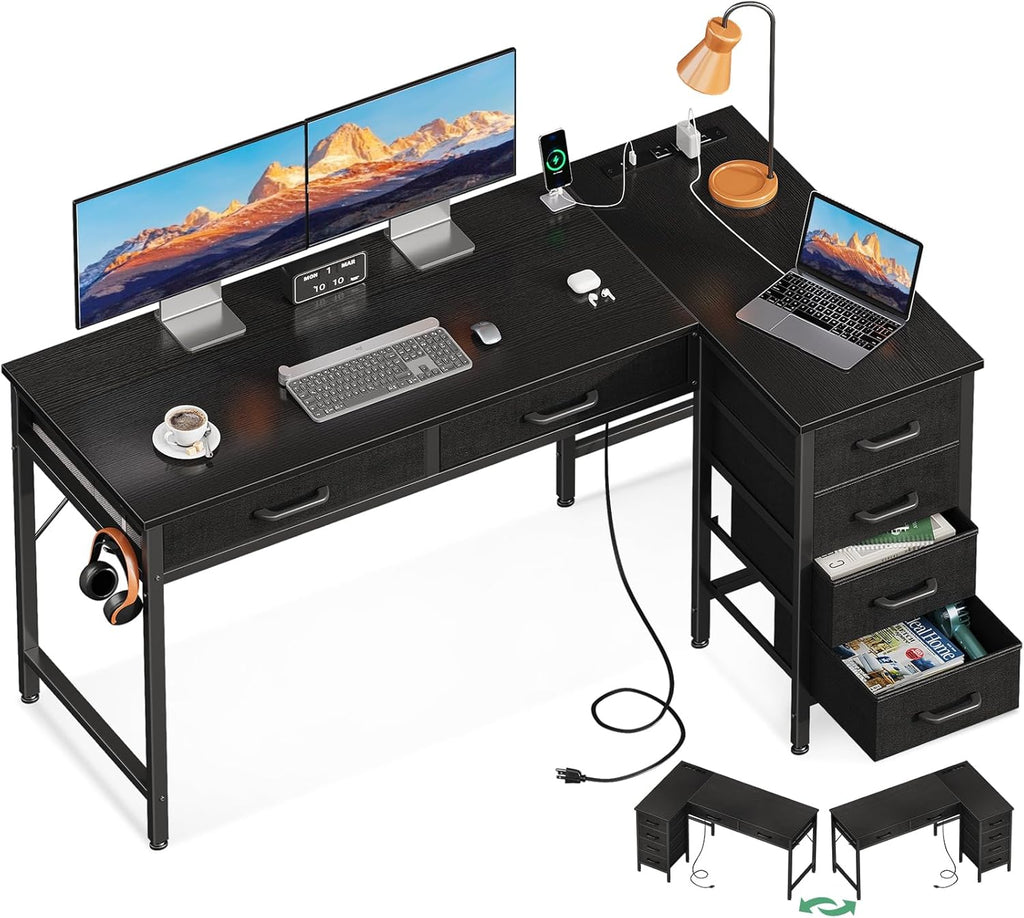 61 Inch L Shaped Desk with Drawers, Computer Desk with Power Outlets, Home Office Desk with 6 Drawers, Reversible Corner Desk for Small Space, Study Work Table with Hook, Black