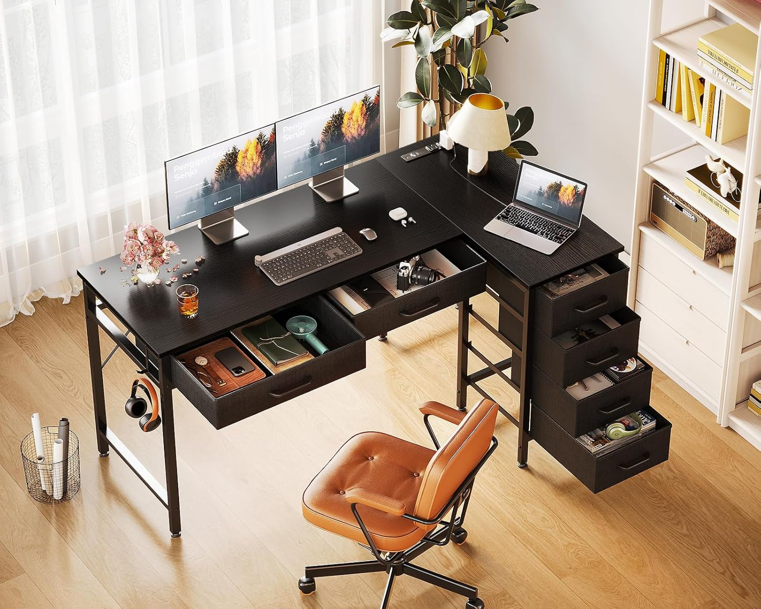61 Inch L Shaped Desk with Drawers, Computer Desk with Power Outlets, Home Office Desk with 6 Drawers, Reversible Corner Desk for Small Space, Study Work Table with Hook, Black