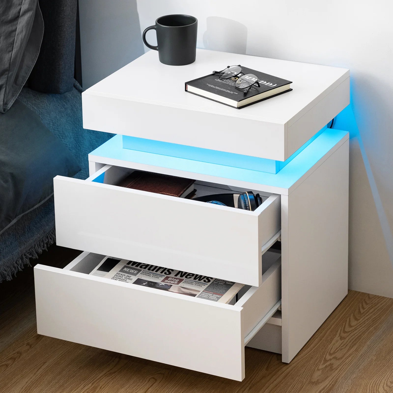 High Gloss LED Nightstand Set of 2 White Bedside Table with 2 Drawers Modern Night Stand with Drawer Side Table Cabinet with Led Night Stands for Bedroom Side Table for Bed Home Furniture