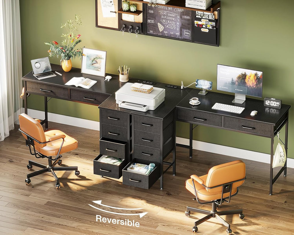 61 Inch L Shaped Desk with Drawers, Computer Desk with Power Outlets, Home Office Desk with 6 Drawers, Reversible Corner Desk for Small Space, Study Work Table with Hook, Black