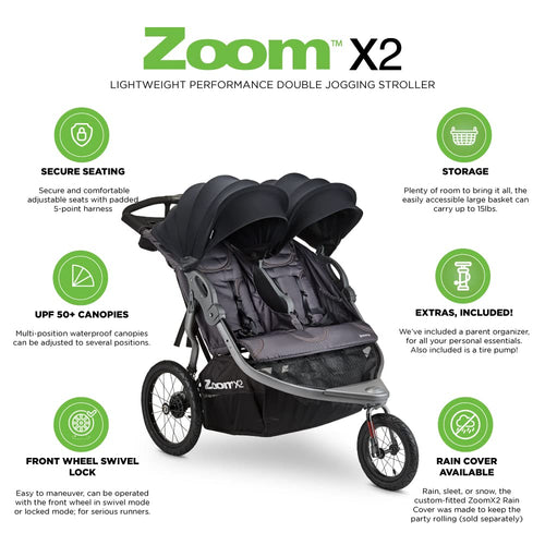 Zoom X2 Lightweight Performance Double Jogging Stroller Featuring Extra-Large Pneumatic Tires with Air Pump Included, Locking and Swiveling Front Tire, and Easy One-Handed Fold, Forged Iron