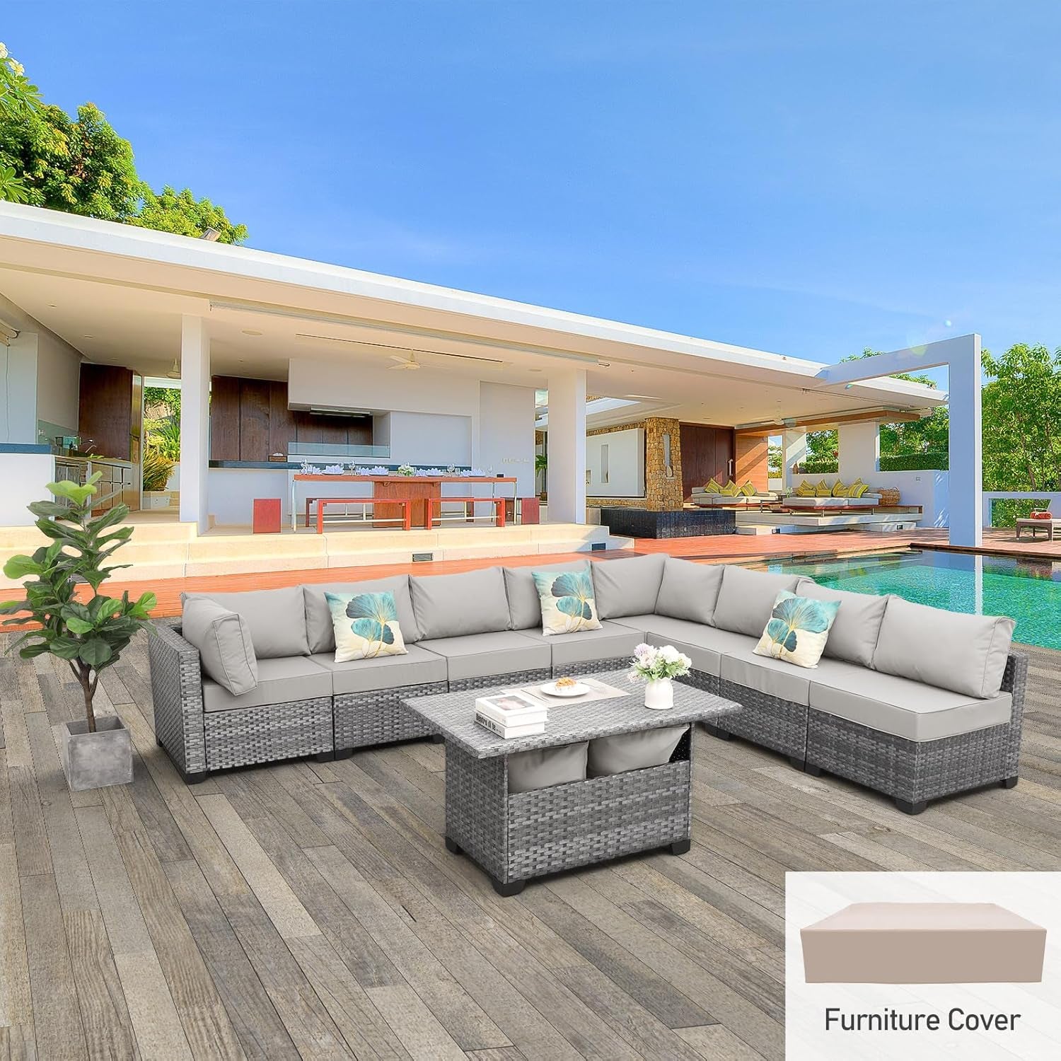 9-Piece Outdoor Sectional Wicker Furniture Set Patio Furniture Conversation Couch Set Large-Size Storage Table with Thicken(5") Anti-Slip Light Grey Cushions Cover