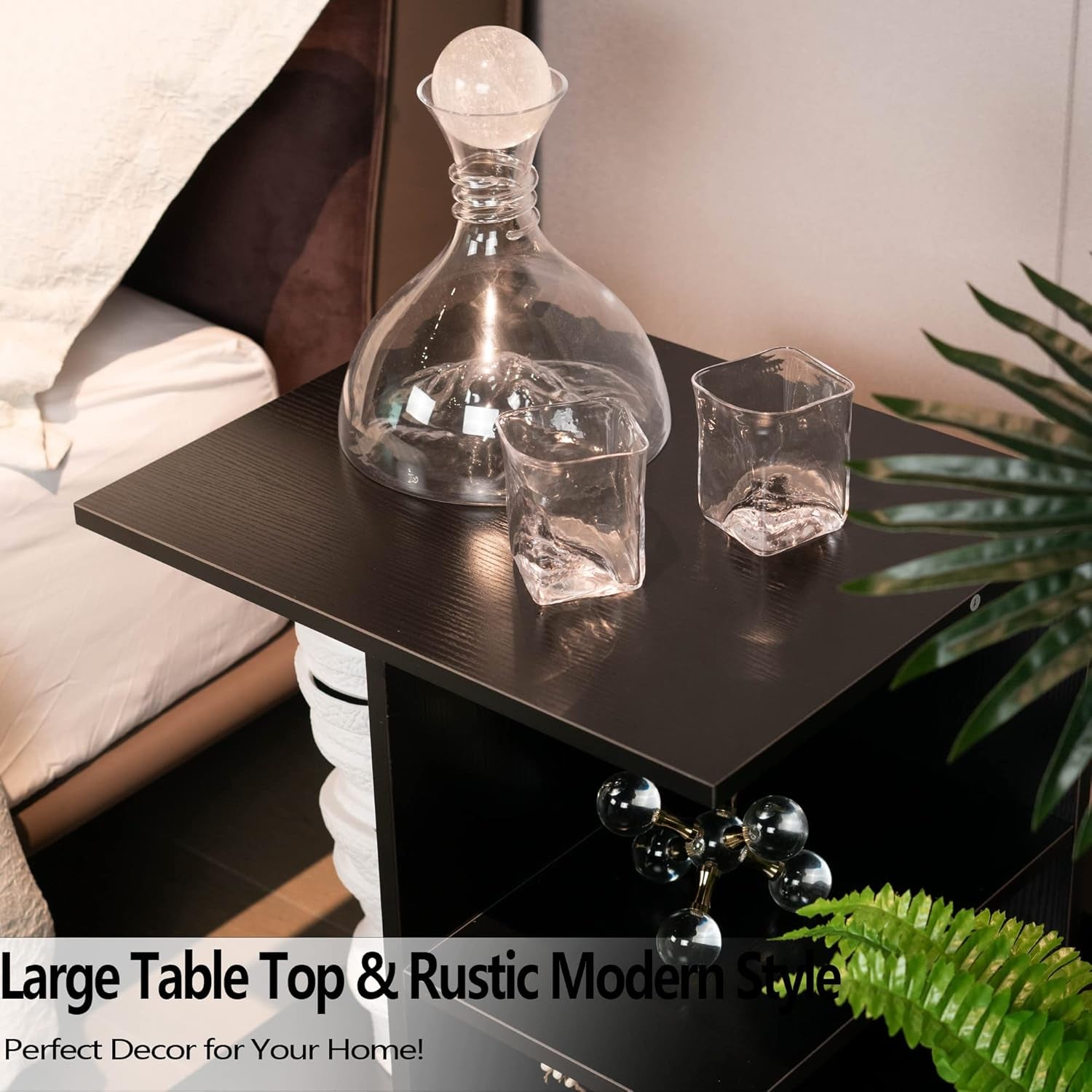 Nightstand Modern End Side Table with Open Shelf, Wood Bedside Table with Rolling Wheels, Night Printer Stand Storage Shelf, Black Finish