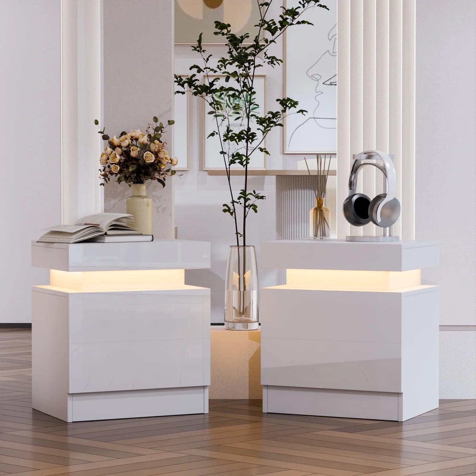 High Gloss LED Nightstand Set of 2 White Bedside Table with 2 Drawers Modern Night Stand with Drawer Side Table Cabinet with Led Night Stands for Bedroom Side Table for Bed Home Furniture