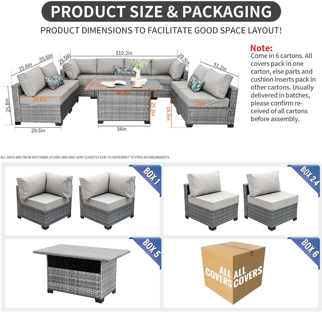 9-Piece Outdoor Sectional Wicker Furniture Set Patio Furniture Conversation Couch Set Large-Size Storage Table with Thicken(5") Anti-Slip Light Grey Cushions Cover