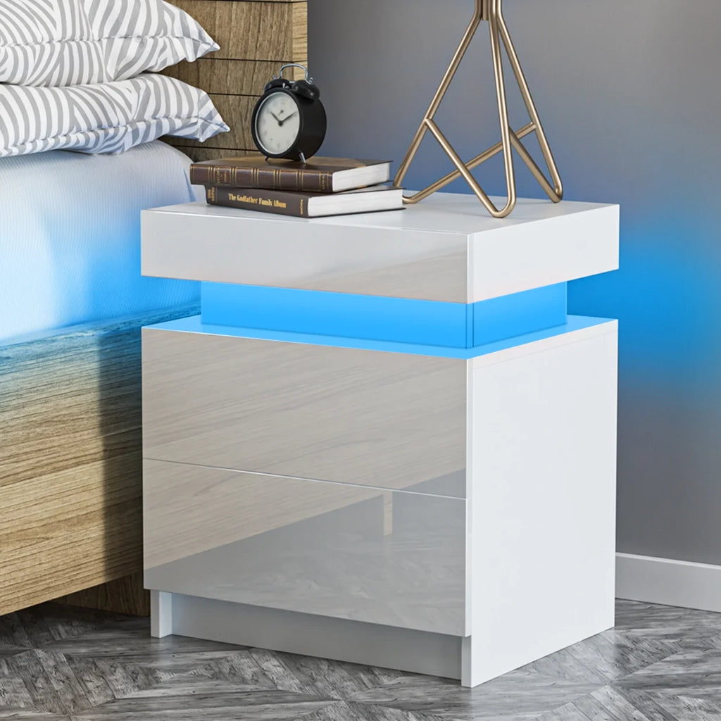 High Gloss LED Nightstand Set of 2 White Bedside Table with 2 Drawers Modern Night Stand with Drawer Side Table Cabinet with Led Night Stands for Bedroom Side Table for Bed Home Furniture