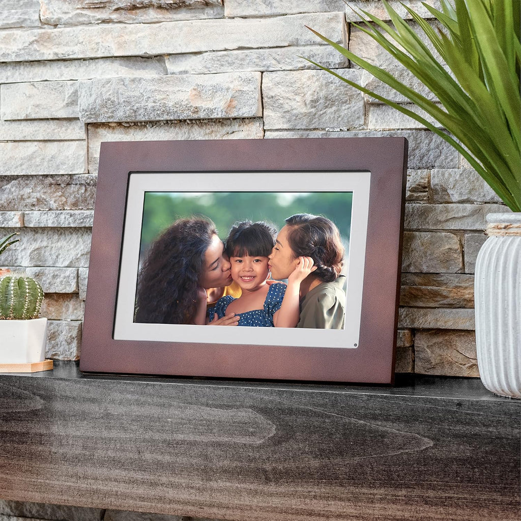 Photoshare 10” Wifi Digital Picture Frame, Send Pics from Phone to Frames, 8 GB, Holds 5,000+ Photos, HD Touchscreen, Espresso Wood Frame, Easy Setup, No Fees