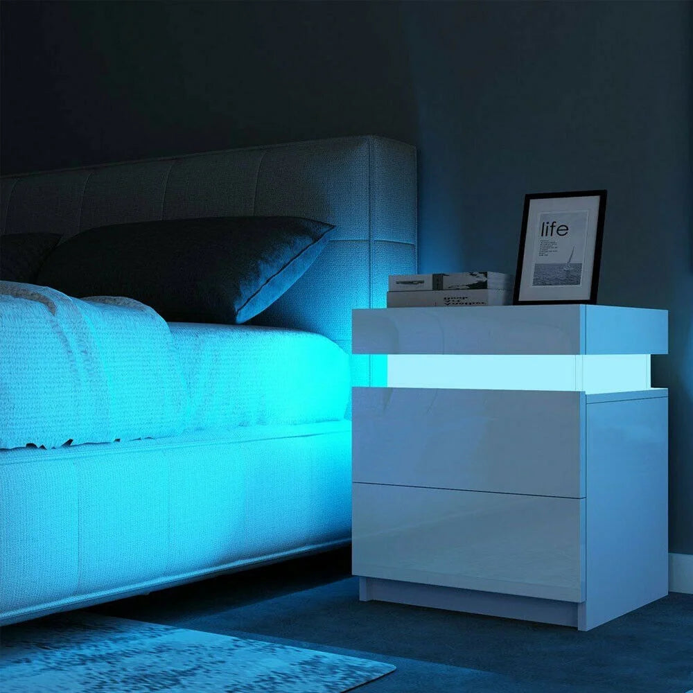 High Gloss LED Nightstand Set of 2 White Bedside Table with 2 Drawers Modern Night Stand with Drawer Side Table Cabinet with Led Night Stands for Bedroom Side Table for Bed Home Furniture