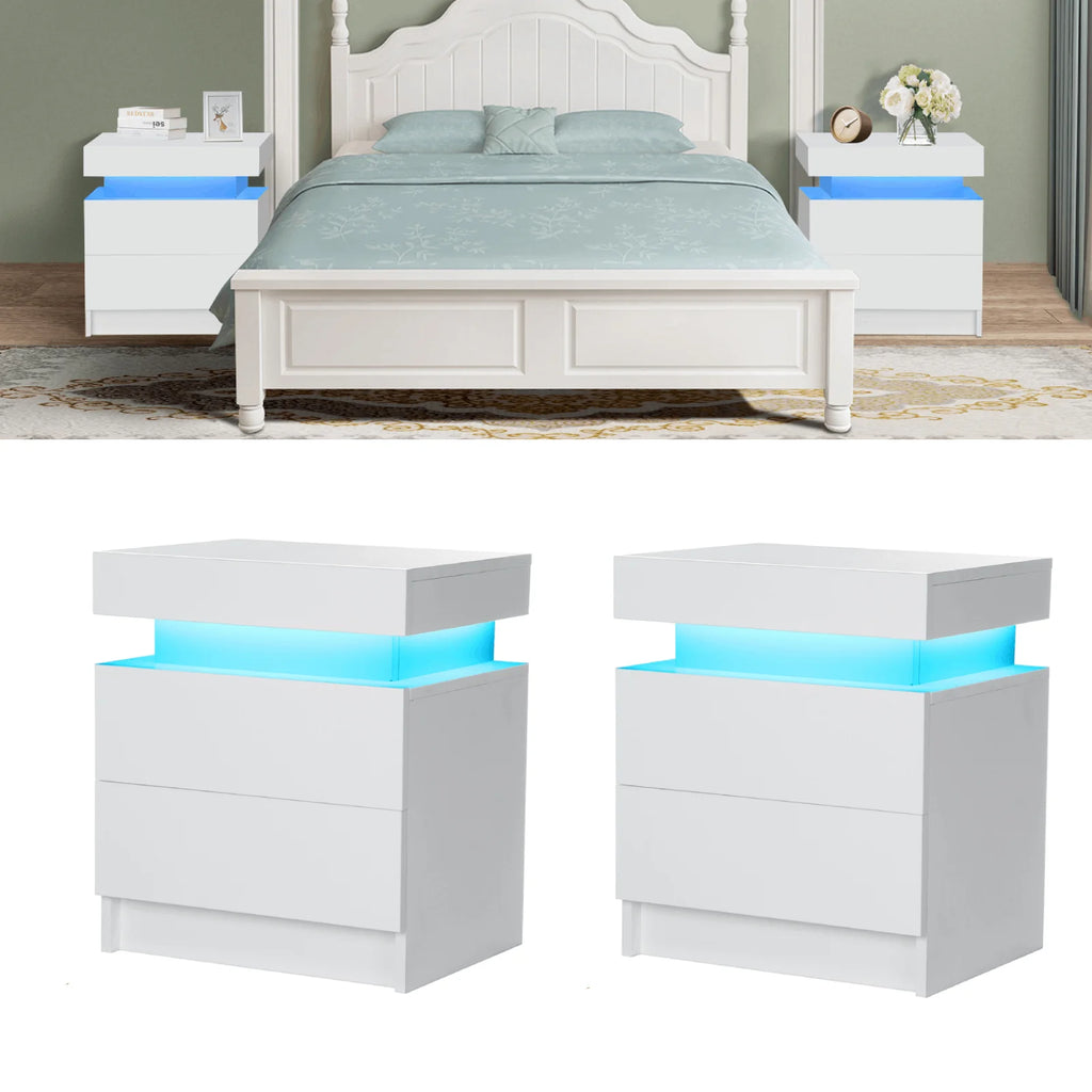 High Gloss LED Nightstand Set of 2 White Bedside Table with 2 Drawers Modern Night Stand with Drawer Side Table Cabinet with Led Night Stands for Bedroom Side Table for Bed Home Furniture