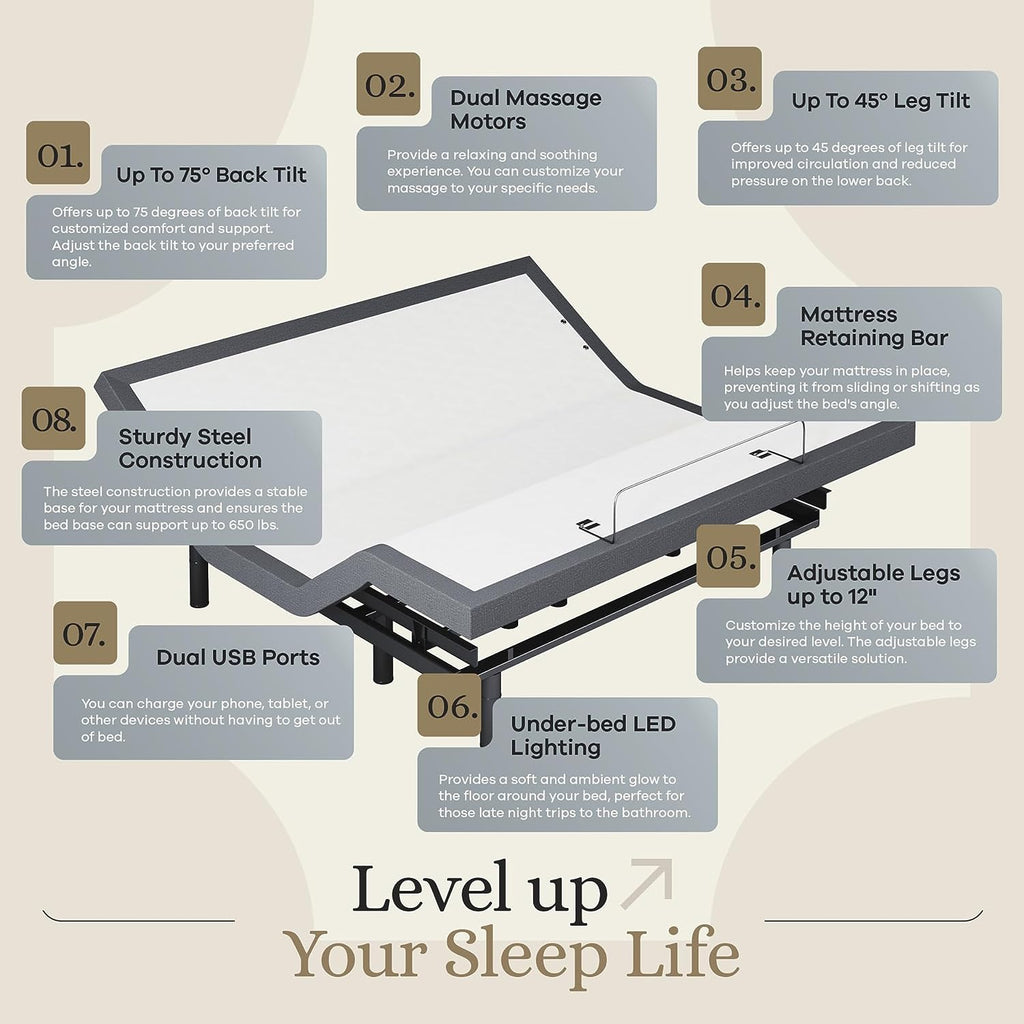 Classic Adjustable Bed Base, Head and Foot Lift, Massage, Under-Bed Lights, USB, Memory, Zero Gravity Smart Frame - King