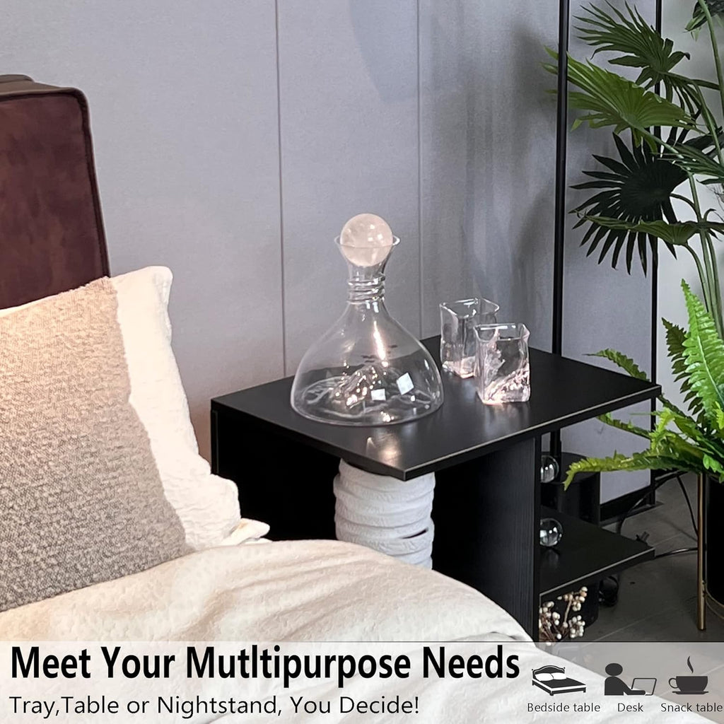 Nightstand Modern End Side Table with Open Shelf, Wood Bedside Table with Rolling Wheels, Night Printer Stand Storage Shelf, Black Finish