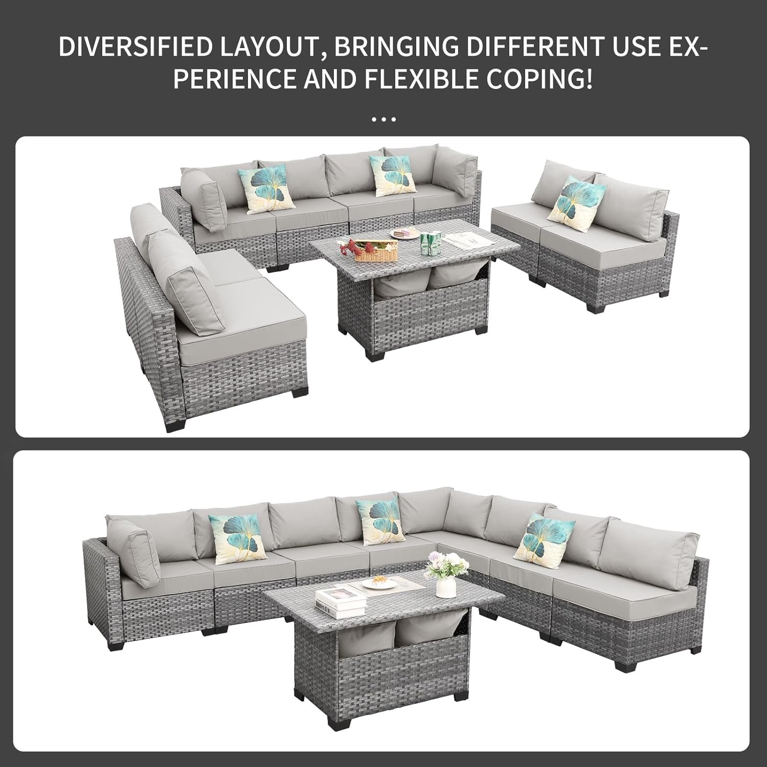9-Piece Outdoor Sectional Wicker Furniture Set Patio Furniture Conversation Couch Set Large-Size Storage Table with Thicken(5") Anti-Slip Light Grey Cushions Cover