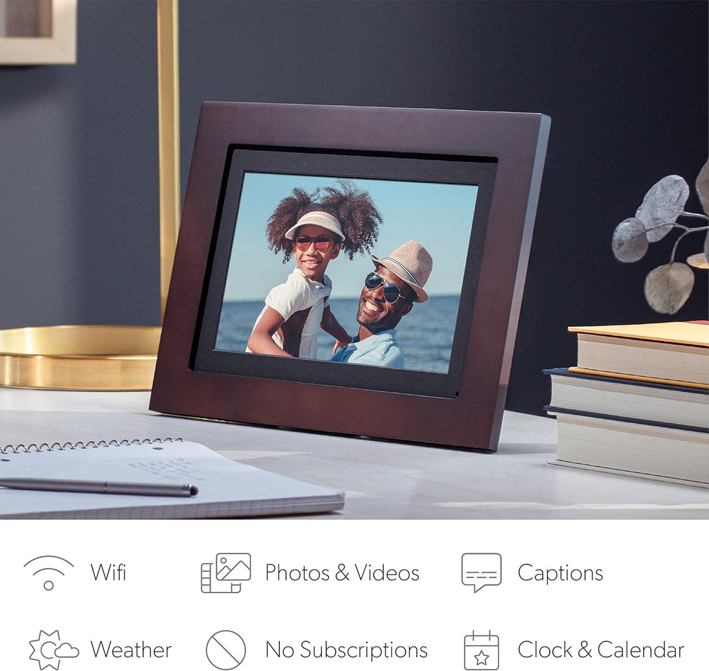 Photoshare 10” Wifi Digital Picture Frame, Send Pics from Phone to Frames, 8 GB, Holds 5,000+ Photos, HD Touchscreen, Espresso Wood Frame, Easy Setup, No Fees