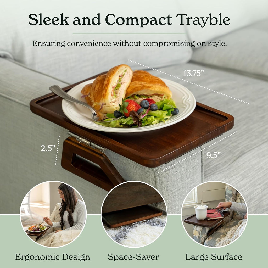 Bamboo Trayble Couch Arm Table, Clip on Tray Sofa Table for Couches. Sofa Arm Tray, Armchair Table for TV Dinners, Remotes, Drinks and Snacks - 13.75 X 9.5Inch, Brown | Clip on Tray, Sofa Table, Sofa Arm Tray, Armchair Table, TV Dinners, Remotes