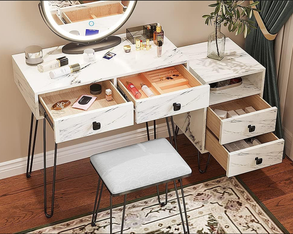 Makeup Vanity with Lights and Stool Dressing Table with Drawers Vanity Desk with Lighted Mirror and Chair Women Dresser for Bedroom (White) (Hg3706-List)