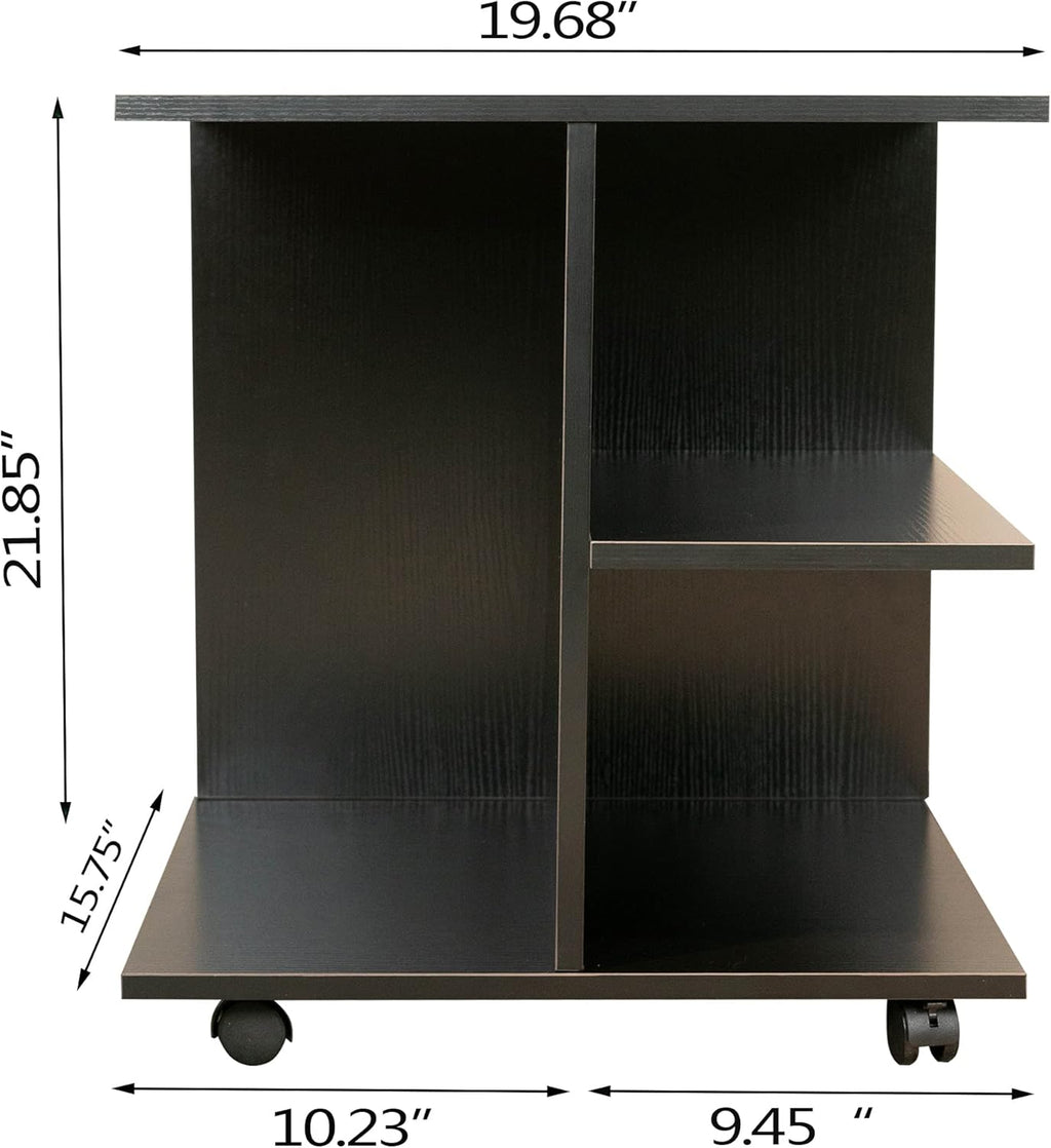 Nightstand Modern End Side Table with Open Shelf, Wood Bedside Table with Rolling Wheels, Night Printer Stand Storage Shelf, Black Finish