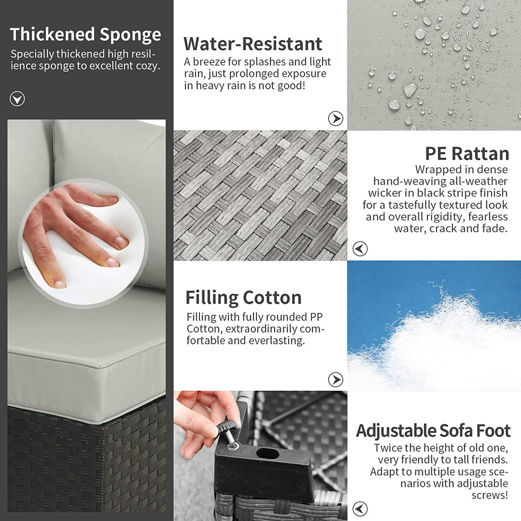 9-Piece Outdoor Sectional Wicker Furniture Set Patio Furniture Conversation Couch Set Large-Size Storage Table with Thicken(5") Anti-Slip Light Grey Cushions Cover