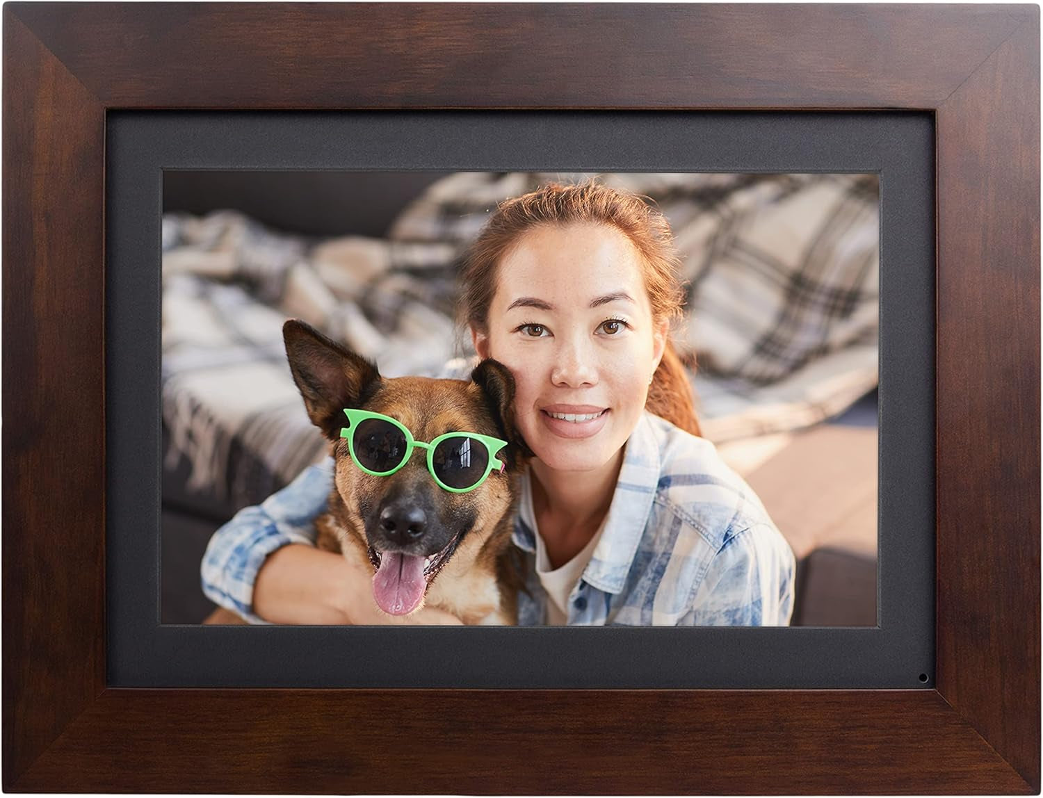Photoshare 10” Wifi Digital Picture Frame, Send Pics from Phone to Frames, 8 GB, Holds 5,000+ Photos, HD Touchscreen, Espresso Wood Frame, Easy Setup, No Fees